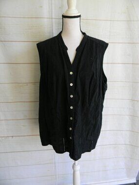 WHITE STAG BLACK LINEN BLEND SLEEVELESS BUTTON DOWN EYELET DETAIL BLOUSE 22/24W